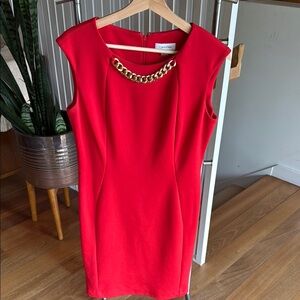 Calvin Klein Red Sheath Knit Dress Sleeveless Crew Neck